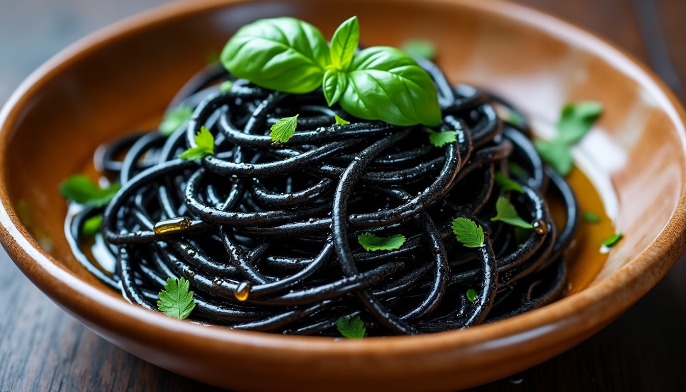découvrez comment l'encre de seiche apporte une teinte noire intense et un goût unique aux spaghettis, sublimant la cuisine méditerranéenne traditionnelle.