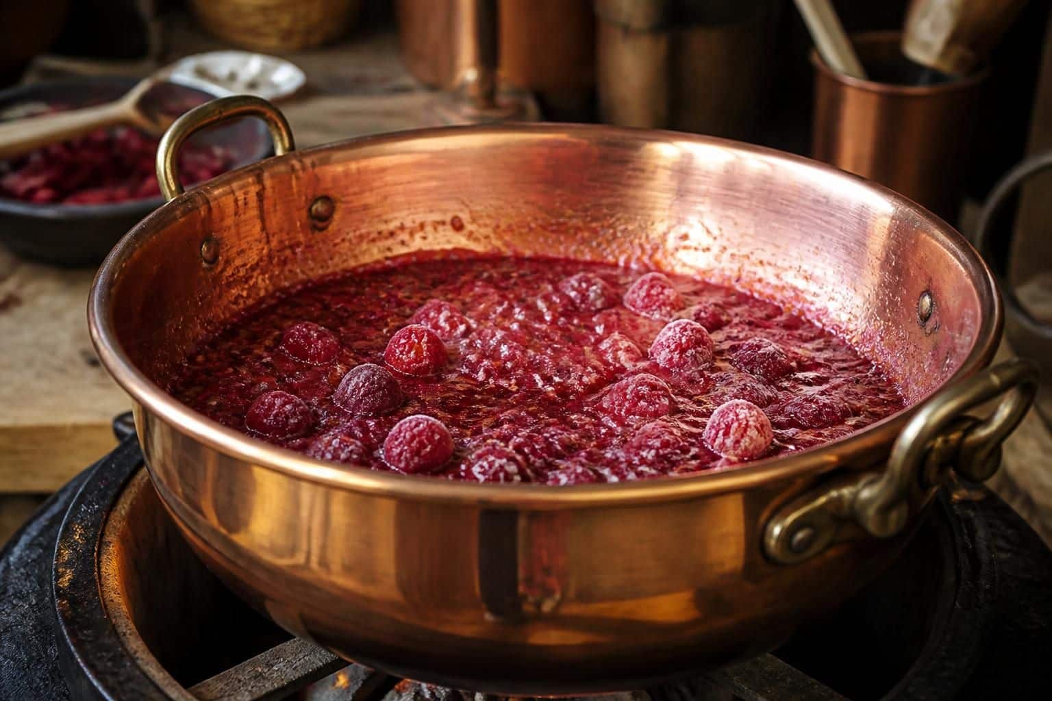 découvrez comment le chaudron en cuivre caramelise parfaitement la confiture de framboises congelées avec marmiton, pour un goût riche et authentique.