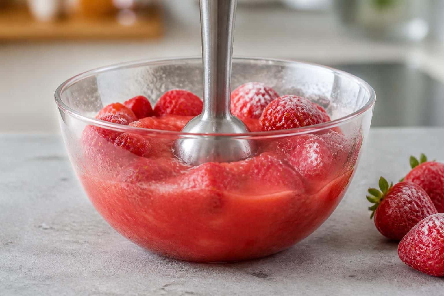 découvrez comment utiliser un mixeur plongeant pour transformer facilement votre coulis de fraises congelé en une purée lisse et savoureuse, parfaite pour vos desserts.