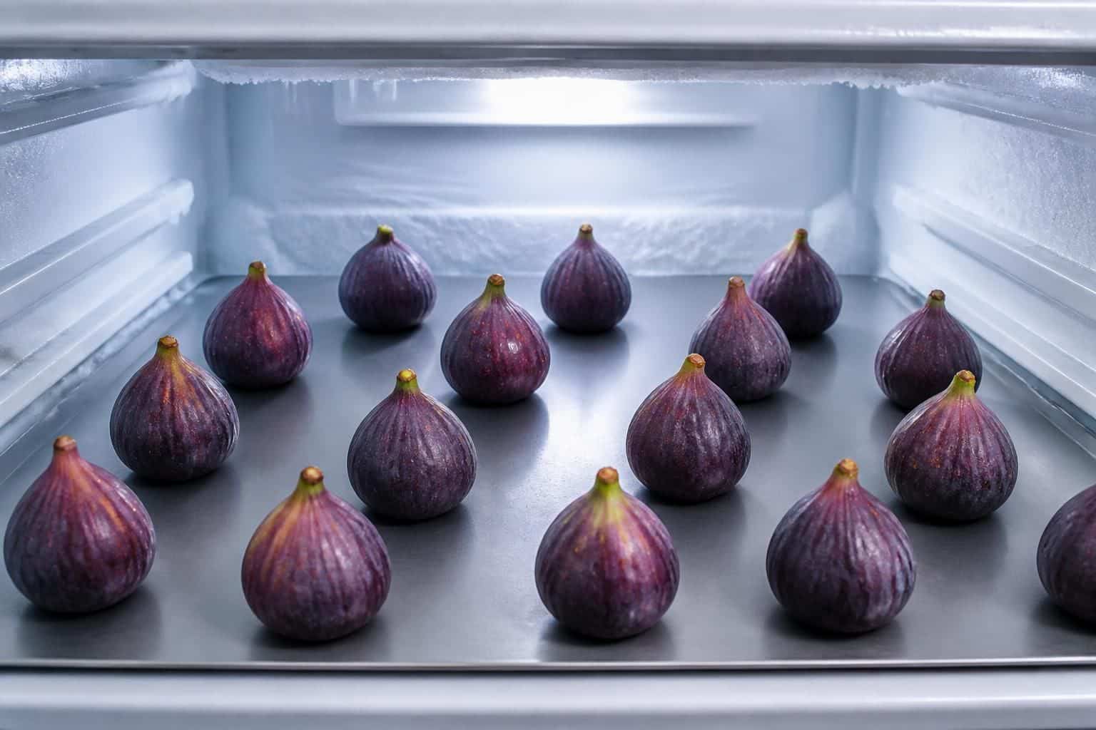 découvrez comment le placement espacé sur une plaque permet de congeler efficacement des figues fraîches, préservant ainsi leur qualité et leur saveur.