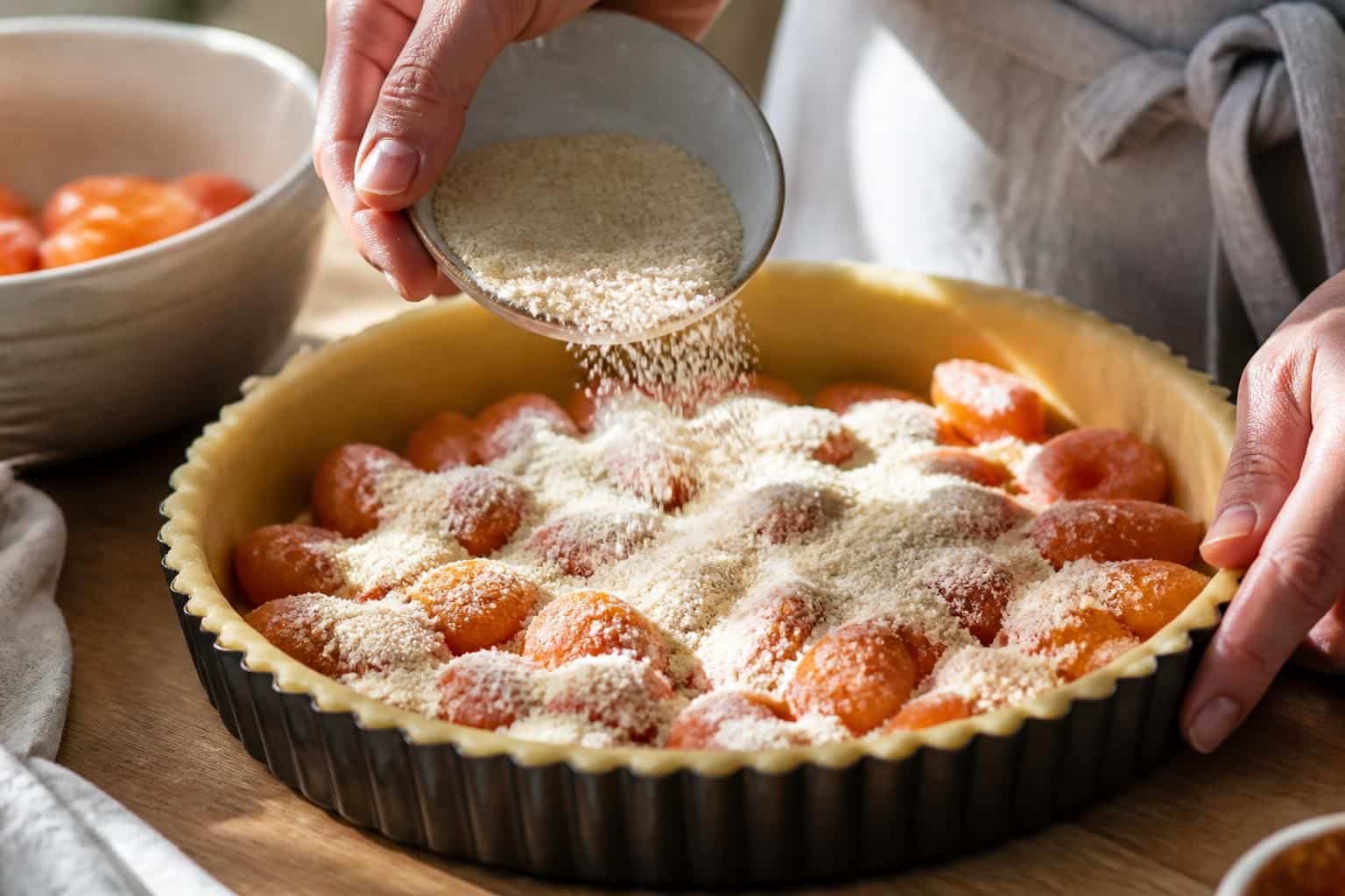 découvrez comment l'ajout de poudre d'amande sur le fond de tarte améliore la texture et absorbe l'excès d'humidité pour réussir une délicieuse tarte aux abricots congelés.