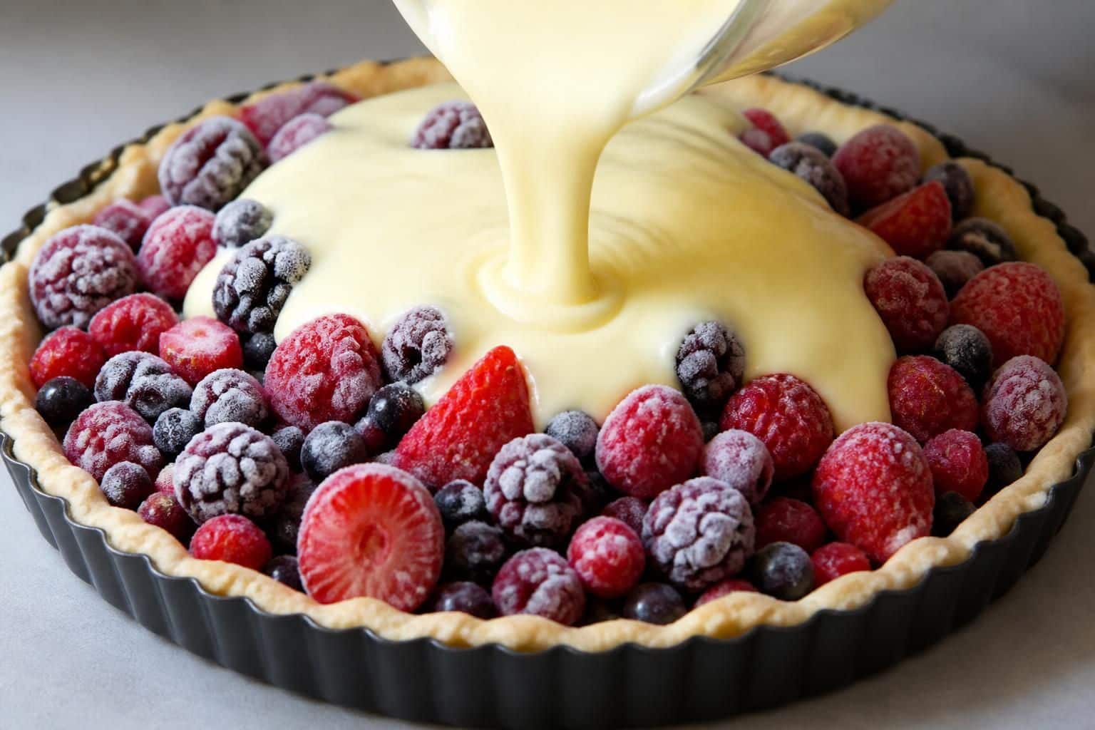 découvrez comment préparer une délicieuse tarte aux fruits rouges congelés nappée d'un appareil à base de crème et d'œufs, pour un dessert gourmand et savoureux.