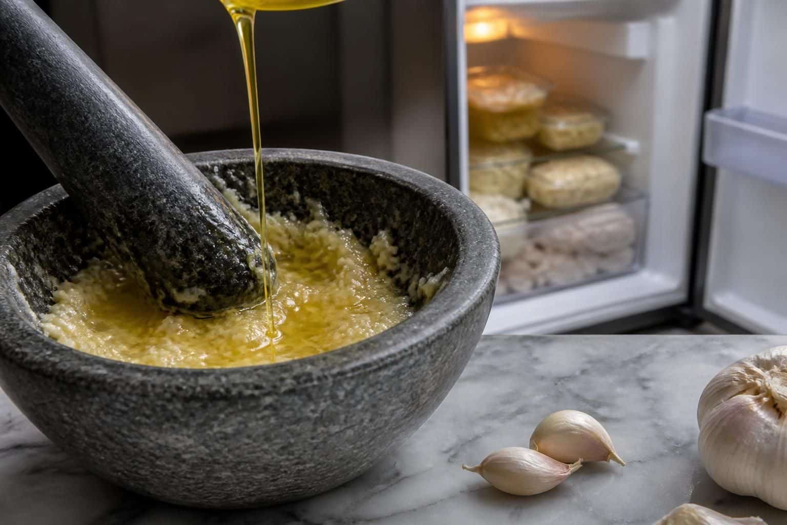 découvrez comment broyer l'ail en purée avec de l'huile pour préparer une délicieuse base à congeler et préserver toute la saveur de l'ail.