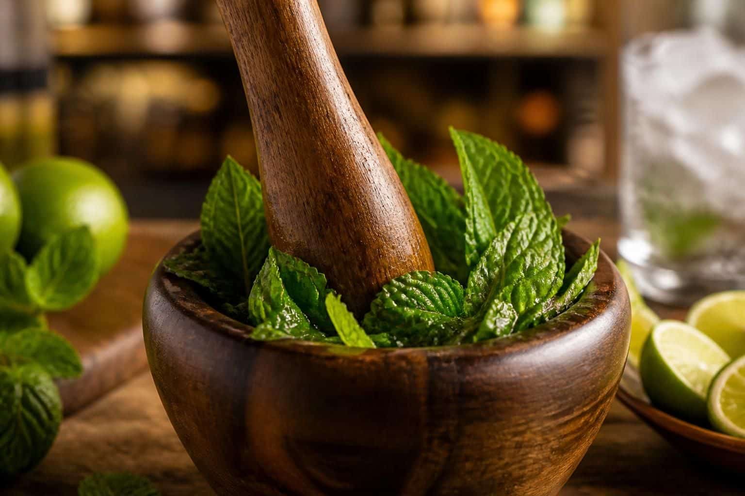 découvrez comment utiliser le pilon pour écraser parfaitement les feuilles de menthe dans une recette de mojito pour 10 personnes, pour un cocktail frais et savoureux.