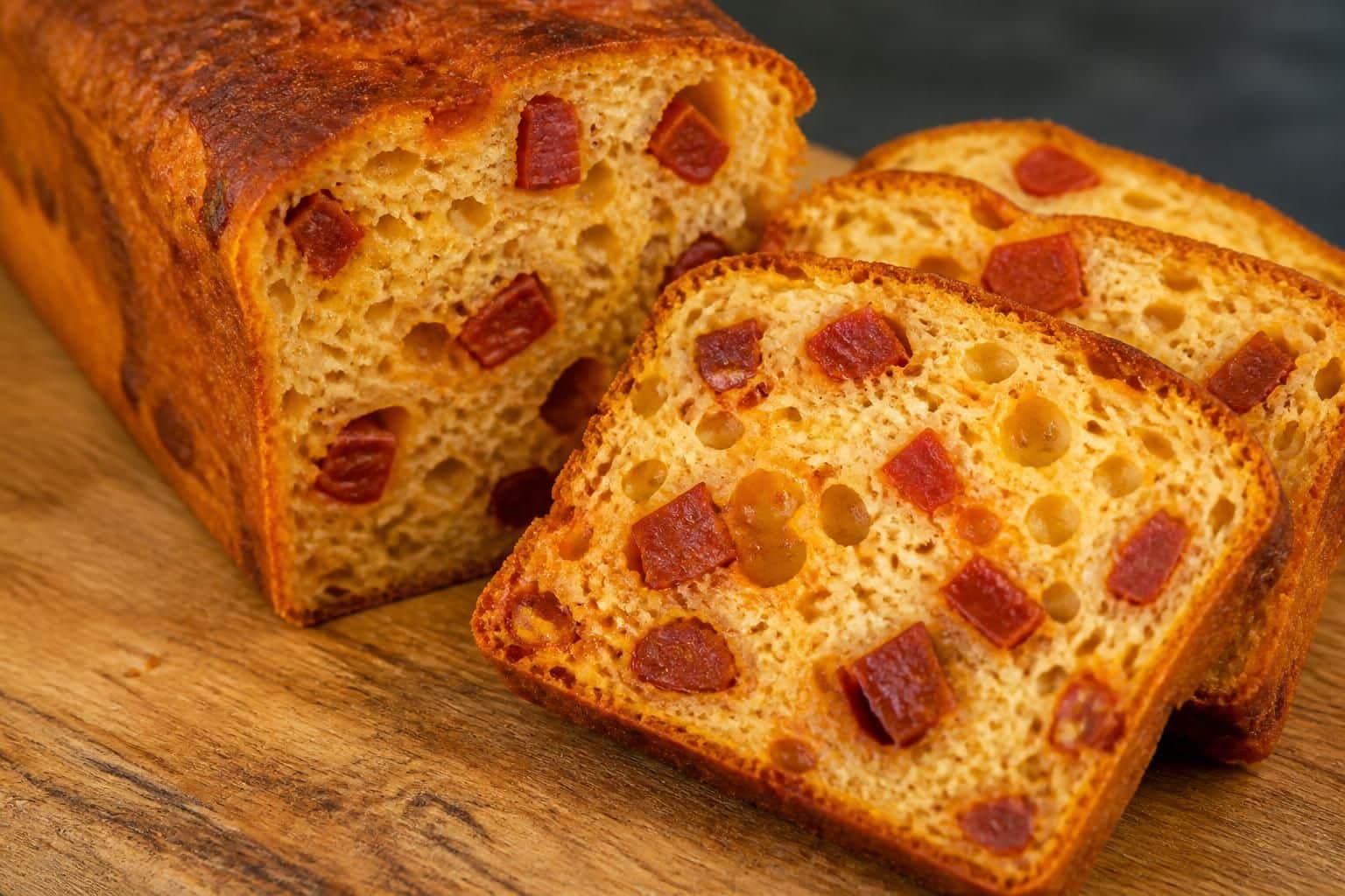 découvrez comment les dés de chorizo fort apportent une belle couleur et une saveur intense à la mie de votre cake salé chorizo, pour un goût relevé et gourmand.