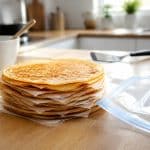 découvrez comment l'insertion de papier sulfurisé entre chaque couche de crêpes permet de les congeler facilement sans qu'elles ne collent.