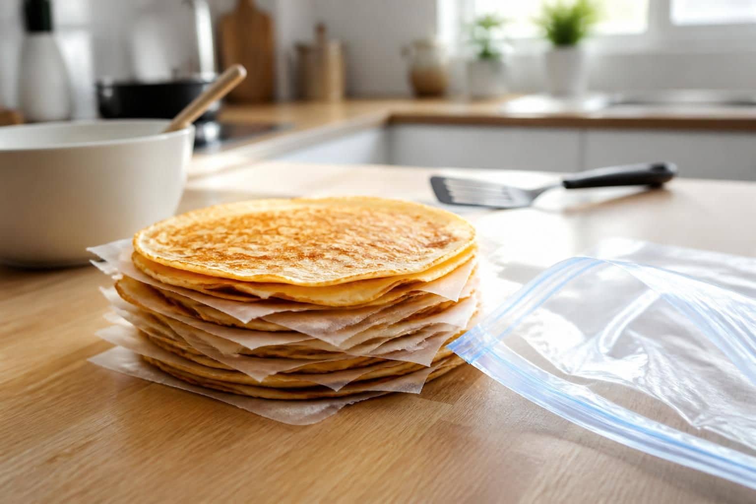 découvrez comment l'insertion de papier sulfurisé entre chaque couche de crêpes permet de les congeler facilement sans qu'elles ne collent.