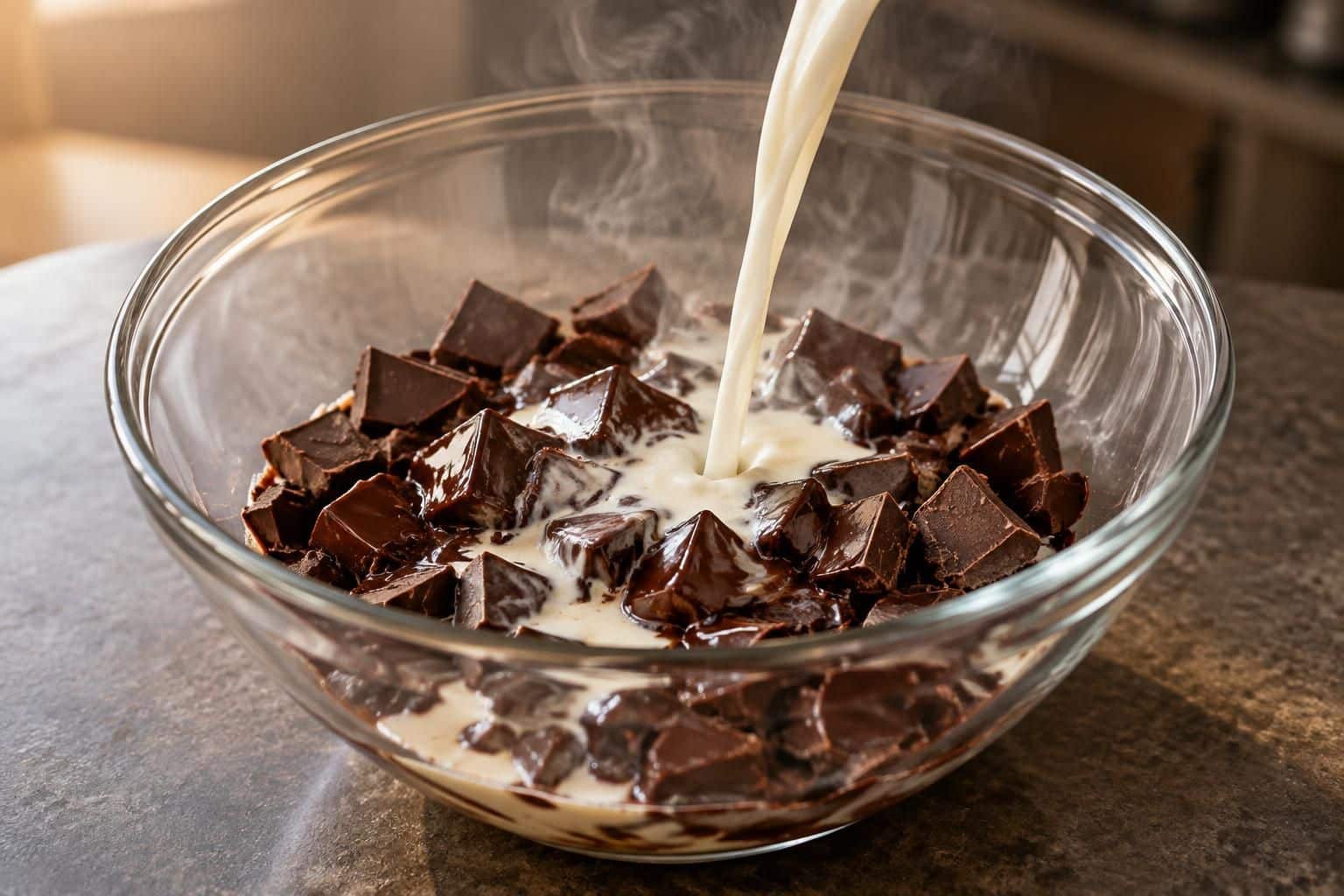découvrez comment la crème liquide bouillante fait fondre le chocolat pour préparer un nappage lisse, brillant et gourmand.