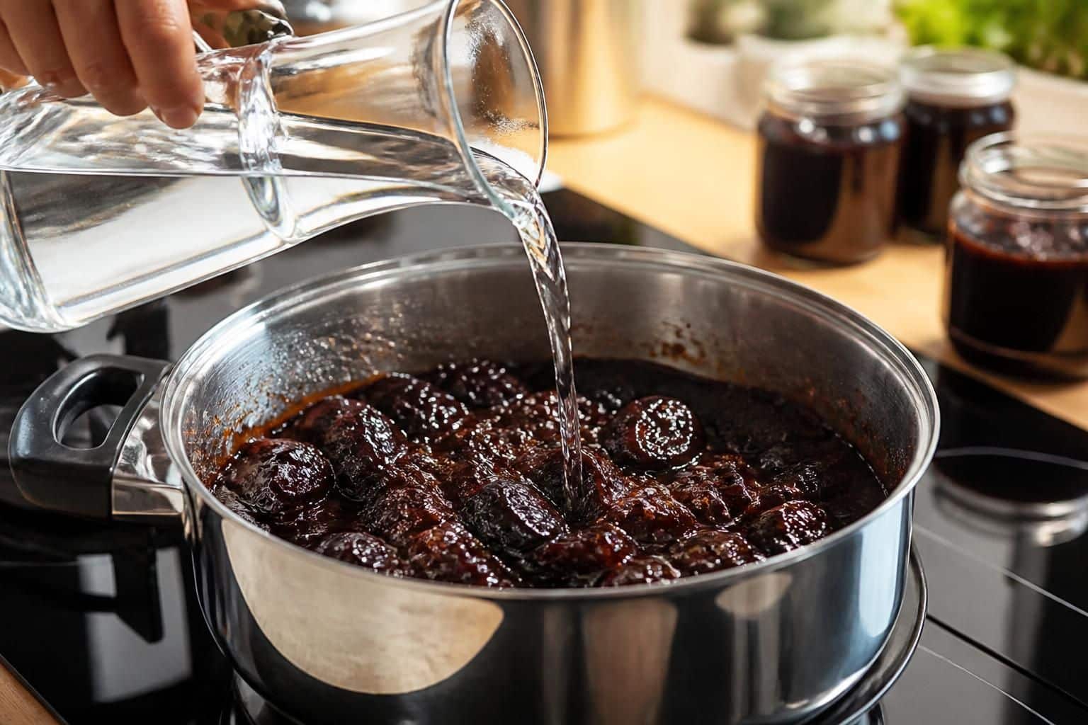 découvrez comment l'ajout d'eau pendant la cuisson améliore la texture et l'hydratation de votre confiture de pruneaux pour un résultat savoureux et fondant.