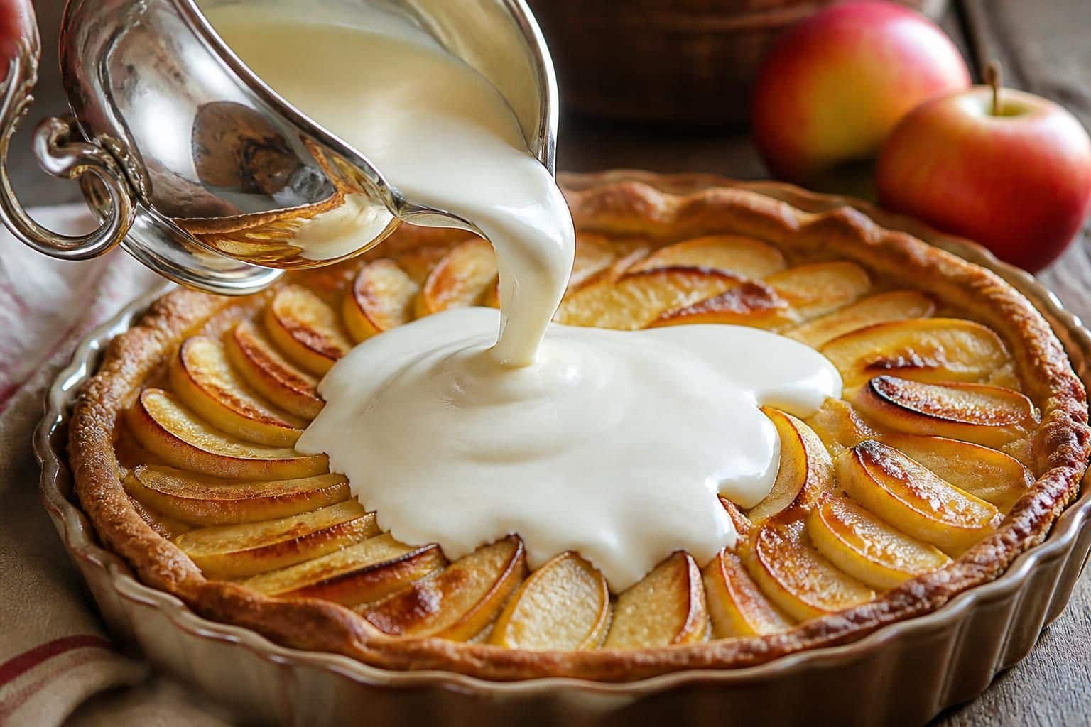 découvrez comment l'appareil à la crème fraîche sublime la tarte aux pommes normande en nappant parfaitement les pommes pour une recette gourmande et authentique.