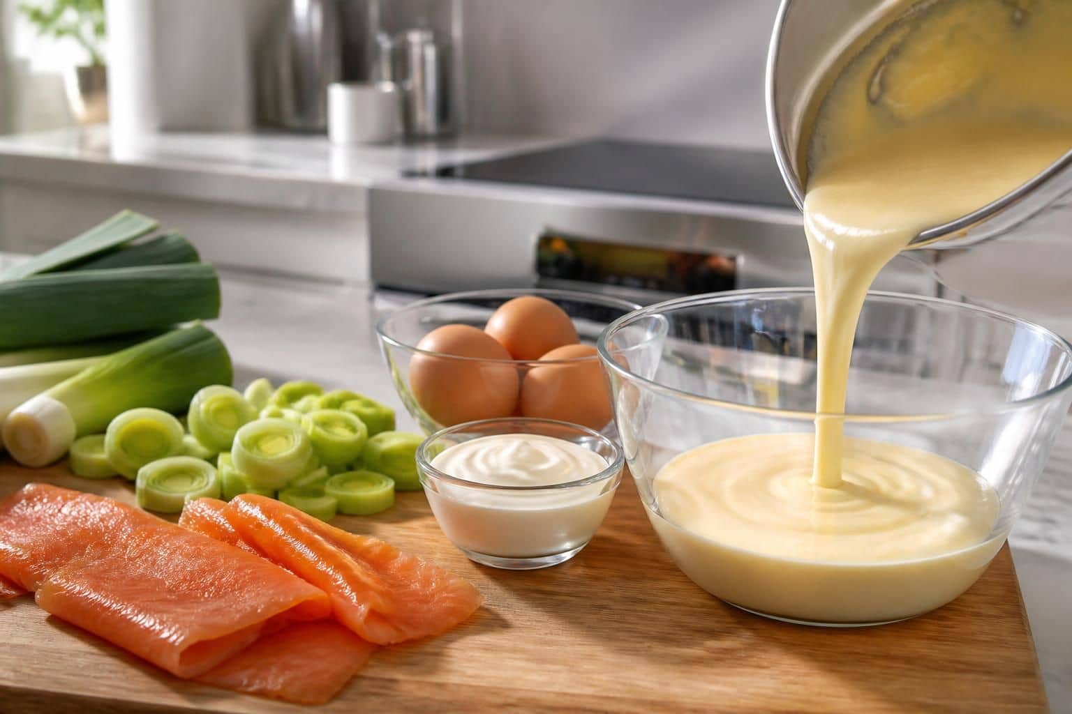 découvrez la recette délicieuse de la tarte aux poireaux et saumon, enrichie d'un appareil onctueux aux œufs et à la crème pour une saveur parfaite.