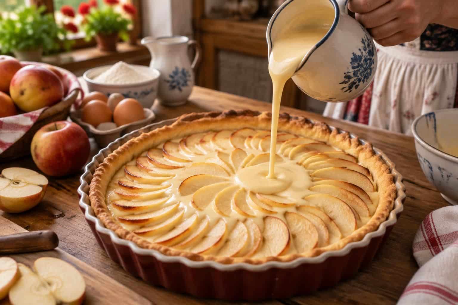découvrez comment préparer l’appareil aux œufs et à la crème qui nappe la tarte aux pommes alsacienne et lui apporte tout son fondant.