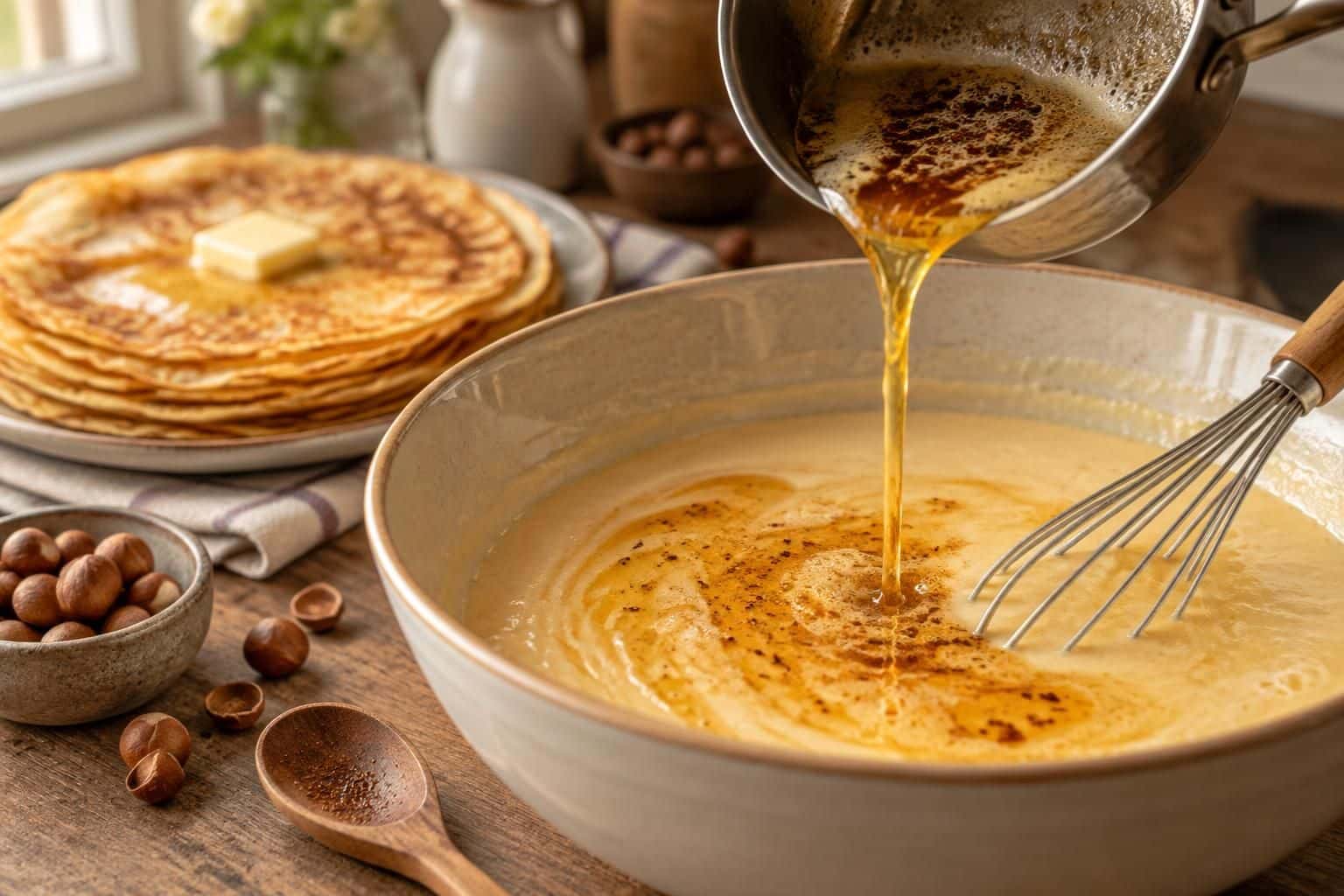 le beurre noisette parfume délicatement la pâte de la recette de crêpes de pierre hermé et lui apporte une saveur riche et gourmande.