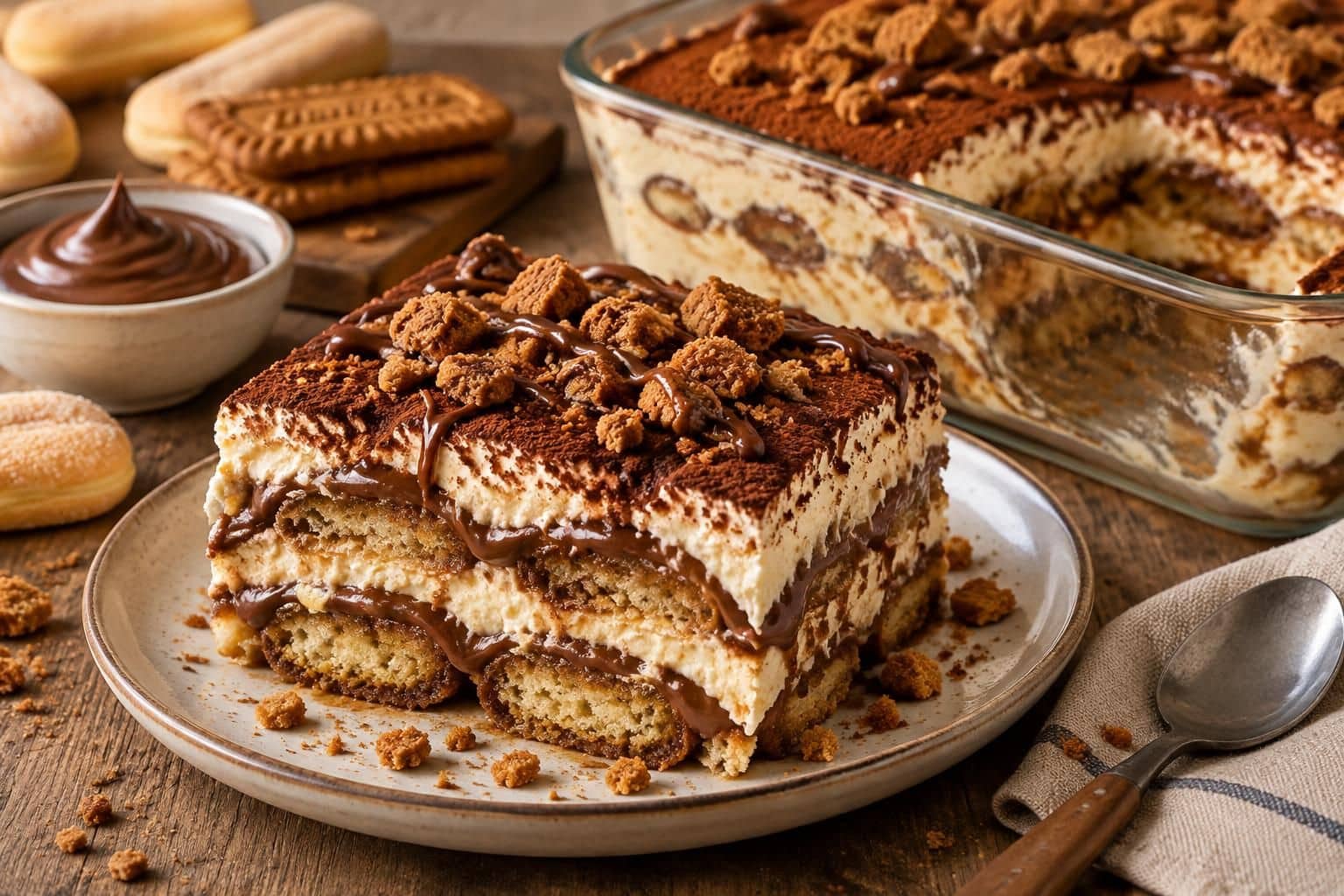découvrez un tiramisu gourmand au nutella et aux spéculoos, où les biscuits cuillère imbibés de café apportent douceur et équilibre.