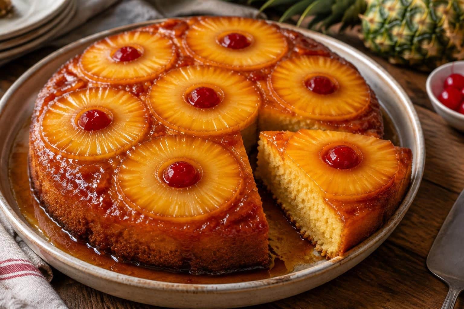 découvrez une recette de gâteau moelleux à l’ananas, sublimé par une délicieuse couche de caramel liquide au fond du moule.
