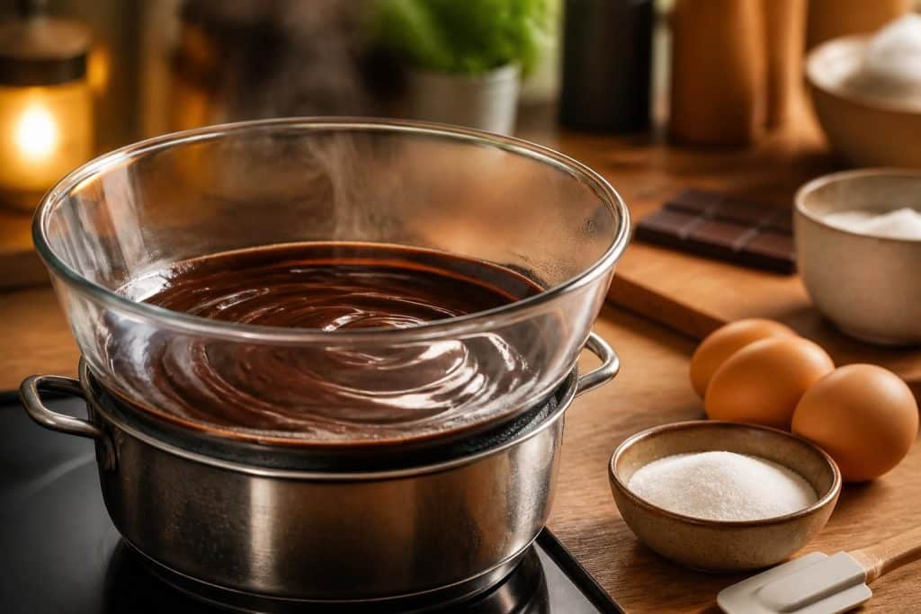 découvrez comment le chocolat fondu au bain-marie joue un rôle essentiel dans la préparation d’une mousse au chocolat légère et veloutée.