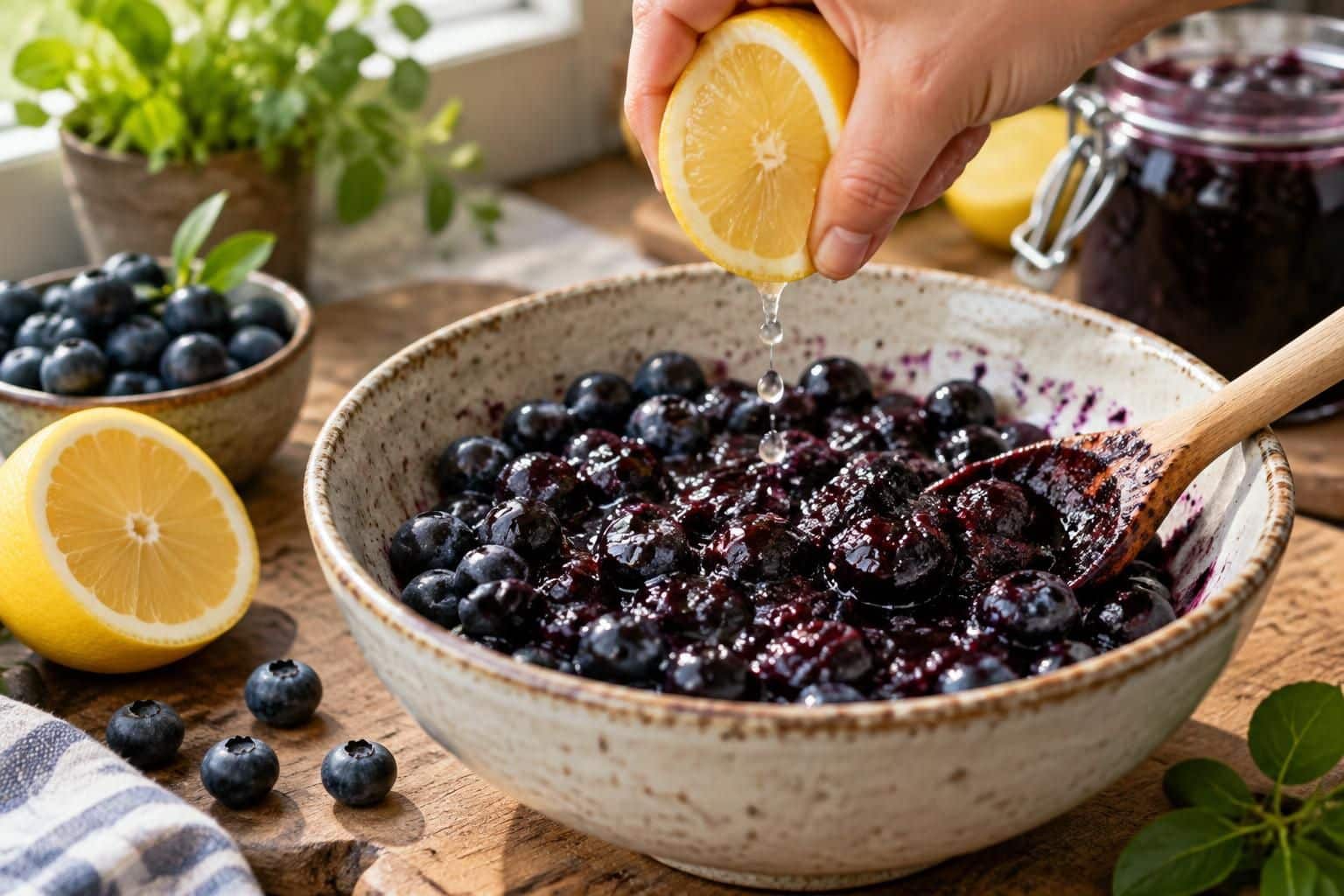 le citron pressé apporte une touche d’acidité qui équilibre la douceur de cette confiture de myrtilles maison, facile à préparer et pleine de saveurs.