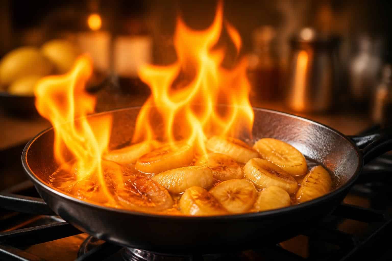 découvrez la recette des bananes flambées au rhum ambré, une délicieuse douceur où le rhum flambe dans la poêle pour un dessert gourmand et spectaculaire.