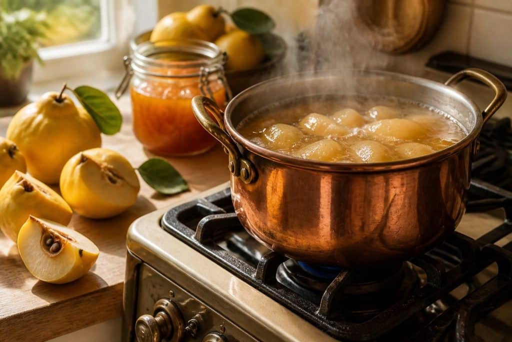 découvrez comment l'eau de cuisson riche en pectine agit comme un liant naturel dans la recette traditionnelle de la confiture de coings, pour une texture parfaite et savoureuse.