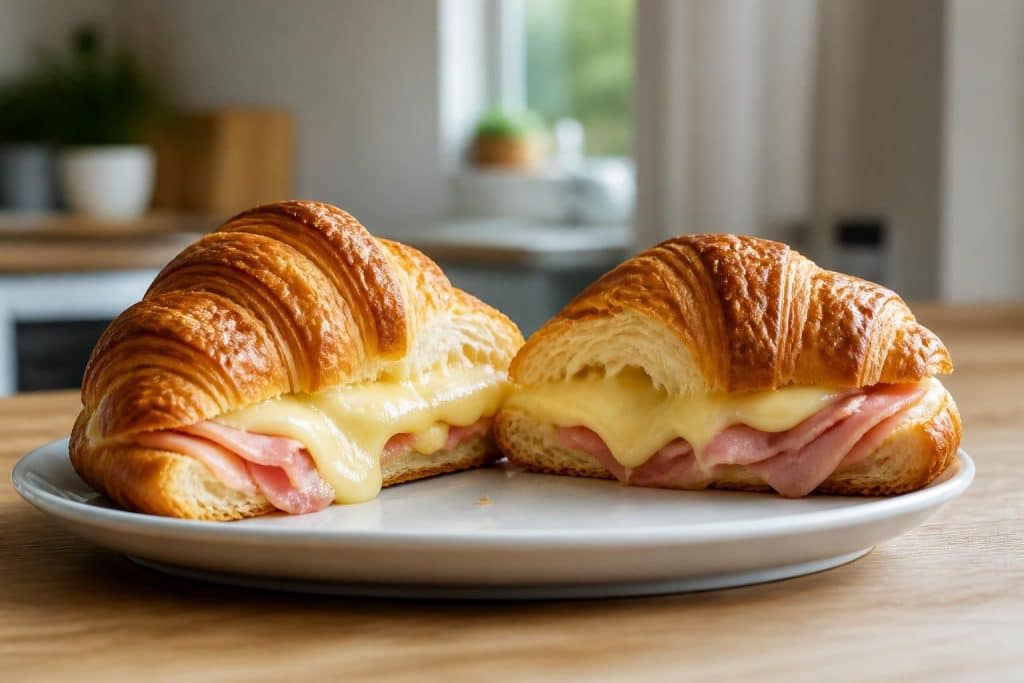 découvrez une recette savoureuse de croissant au jambon où l'emmental fondu remplace la sauce blanche traditionnelle, offrant un plat gourmand sans béchamel.