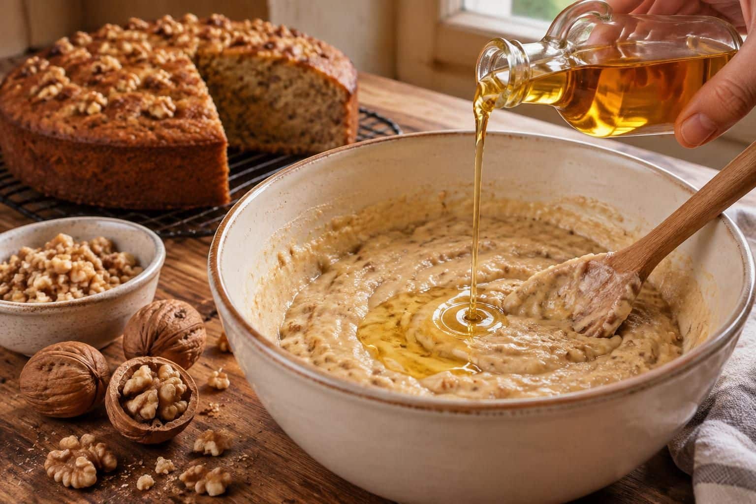 découvrez une recette de gâteau aux noix facile, délicatement parfumée à l’huile de noix, pour un dessert moelleux et savoureux.