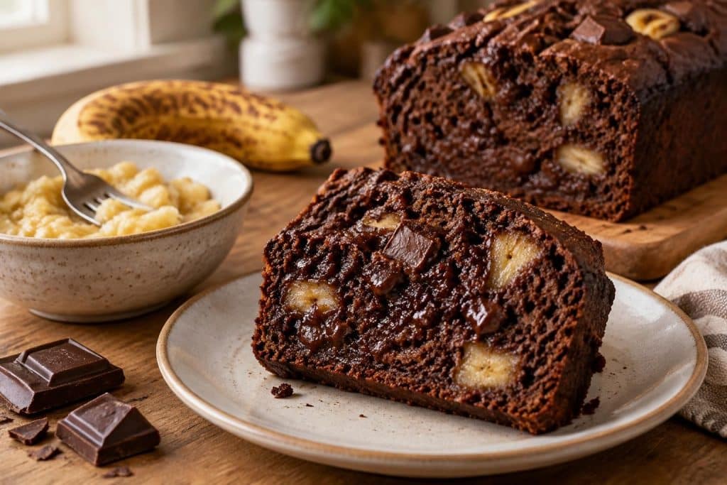 découvrez comment la banane très mûre écrasée apporte tout son moelleux à cette recette de gâteau au chocolat et à la banane.