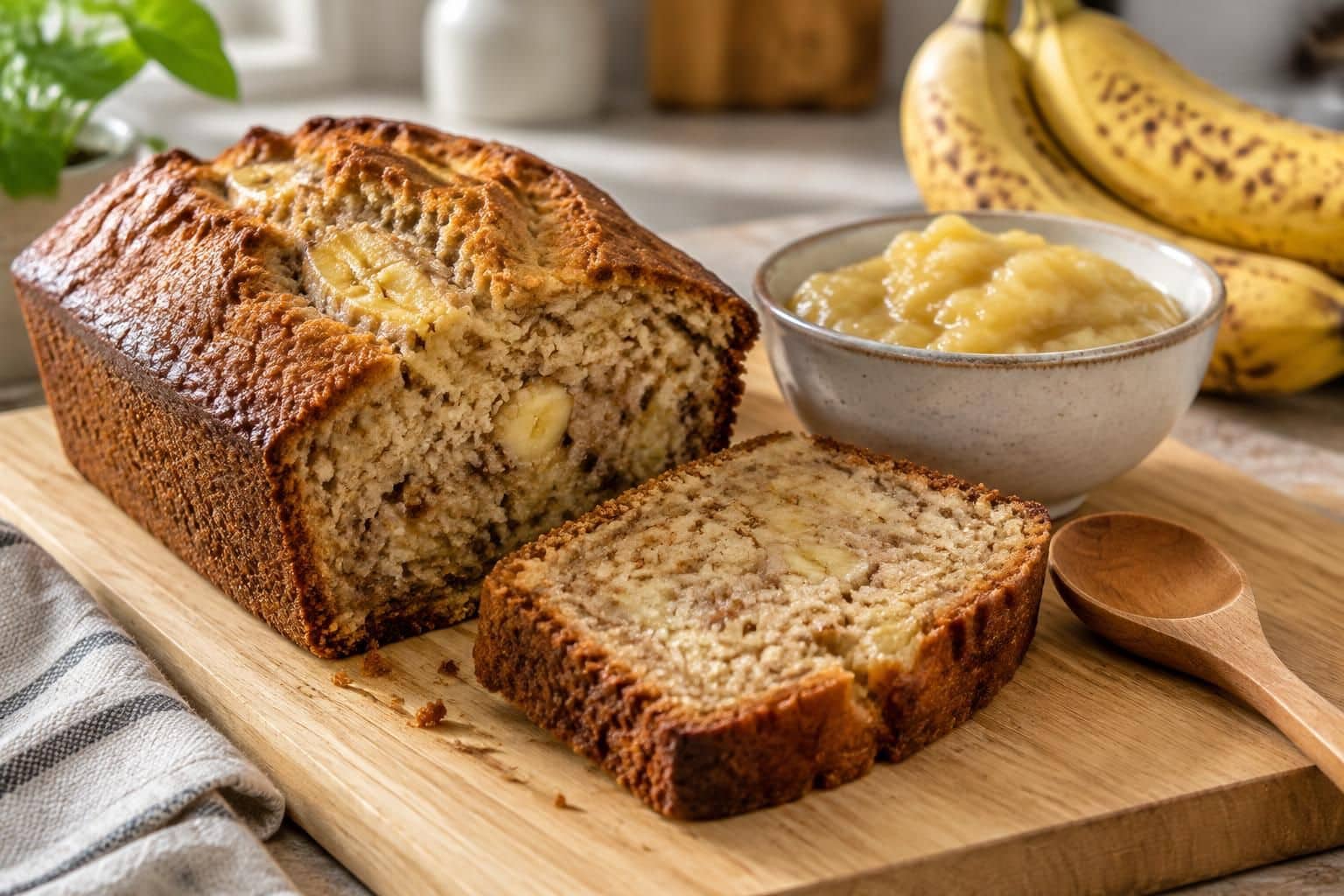 découvrez une recette de gâteau à la banane moelleux sans beurre, où la compote de banane apporte douceur et légèreté à chaque bouchée.