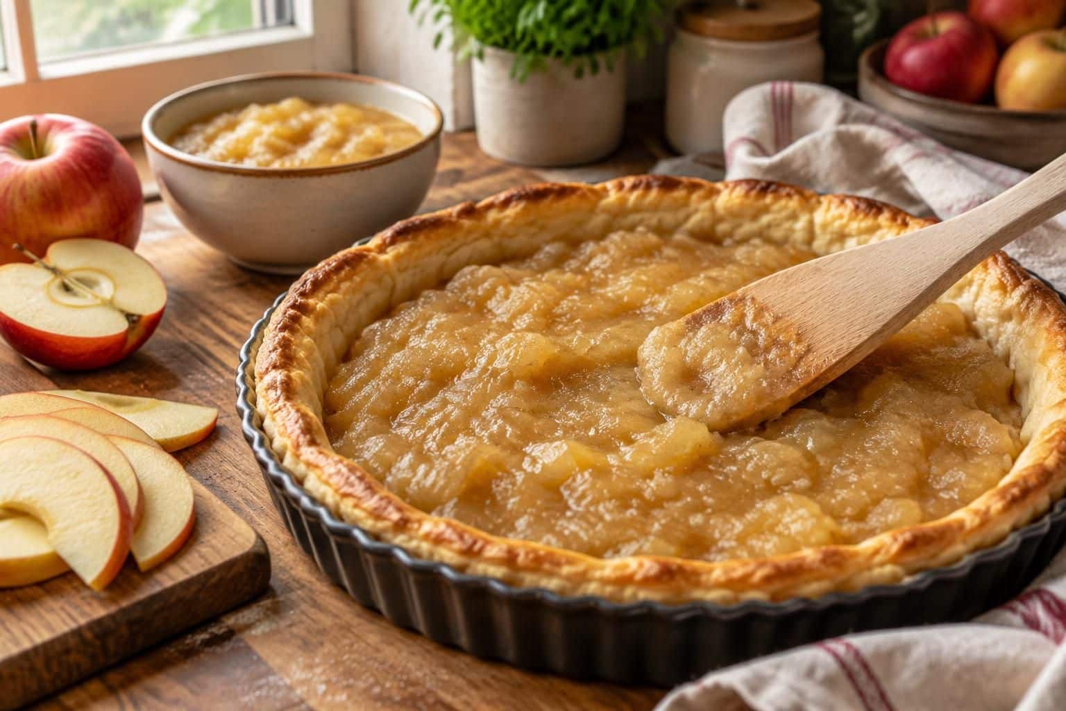 découvrez une délicieuse tarte aux pommes sur pâte feuilletée, garnie d’une compote de pommes maison pour un dessert simple et savoureux.