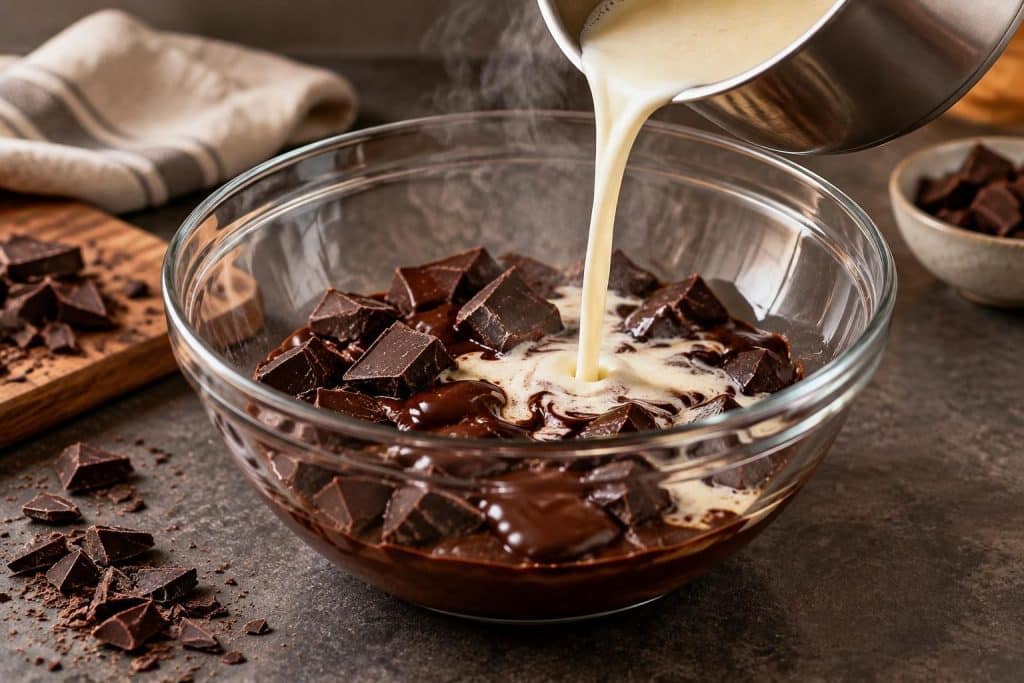 découvrez comment la crème fleurette bouillante fait fondre le chocolat pour préparer de délicieuses truffes au chocolat façon cyril lignac.