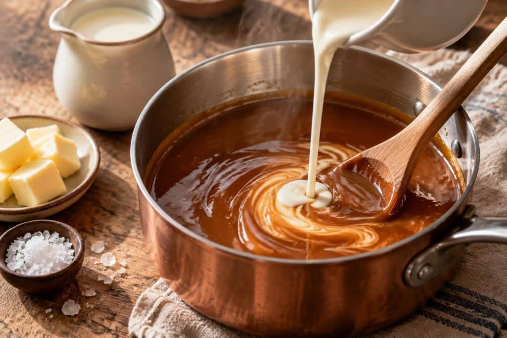 découvrez comment la crème fleurette tiédie détend le caramel au beurre salé pour obtenir une texture lisse et gourmande, avec une recette facile.