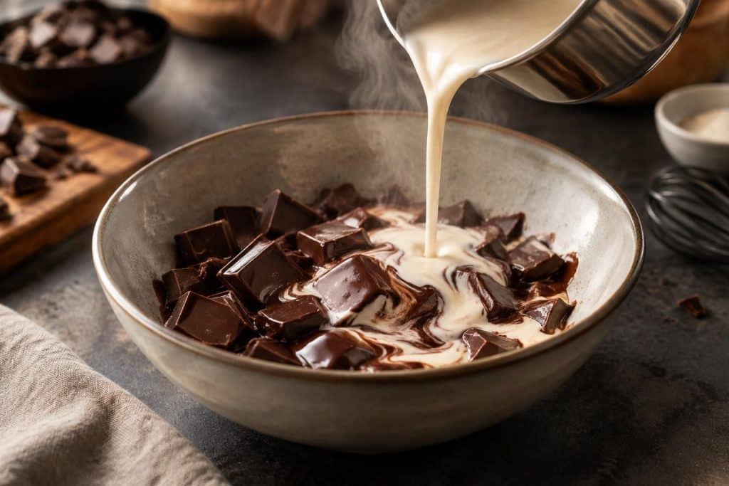 découvrez comment la crème liquide bouillante fait fondre le chocolat et donne aux truffes de philippe etchebest leur texture fondante.