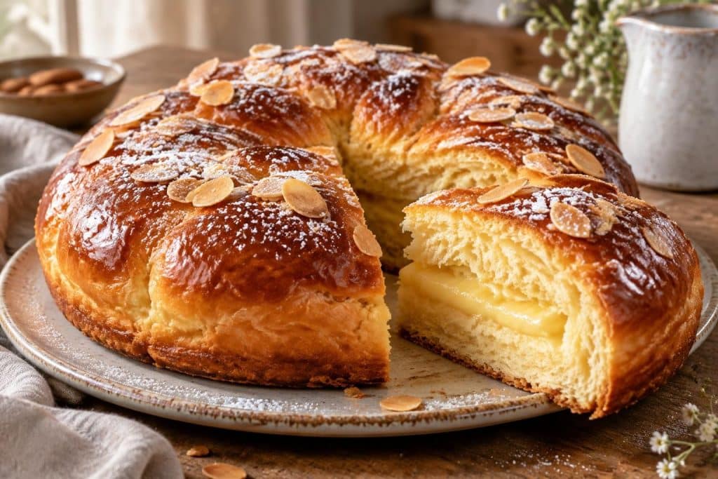 découvrez une galette des rois briochée garnie d’une délicieuse crème pâtissière à la frangipane, idéale pour célébrer l’épiphanie.