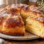 découvrez une galette des rois briochée garnie d’une délicieuse crème pâtissière à la frangipane, idéale pour célébrer l’épiphanie.