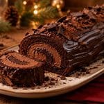 découvrez une délicieuse bûche au chocolat, généreusement enrobée d’une ganache au chocolat noir onctueuse, idéale pour les fêtes.