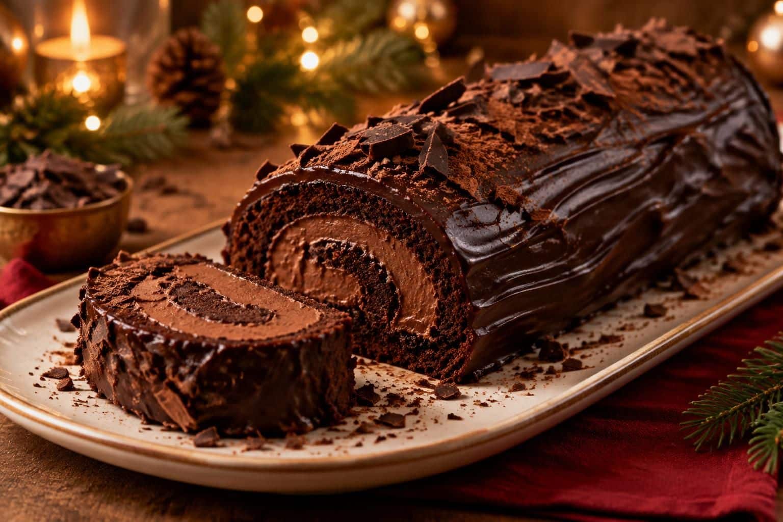découvrez une délicieuse bûche au chocolat, généreusement enrobée d’une ganache au chocolat noir onctueuse, idéale pour les fêtes.