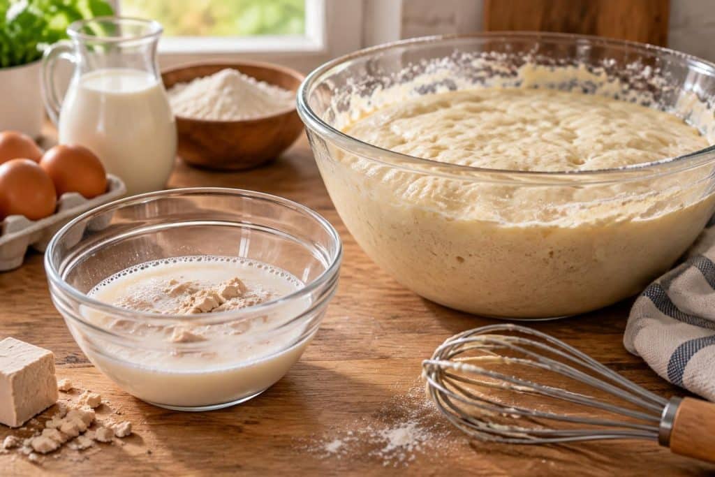 découvrez comment activer la levure de boulanger fraîche dans du lait tiède pour préparer une pâte à gaufres légère, moelleuse et bien gonflée.