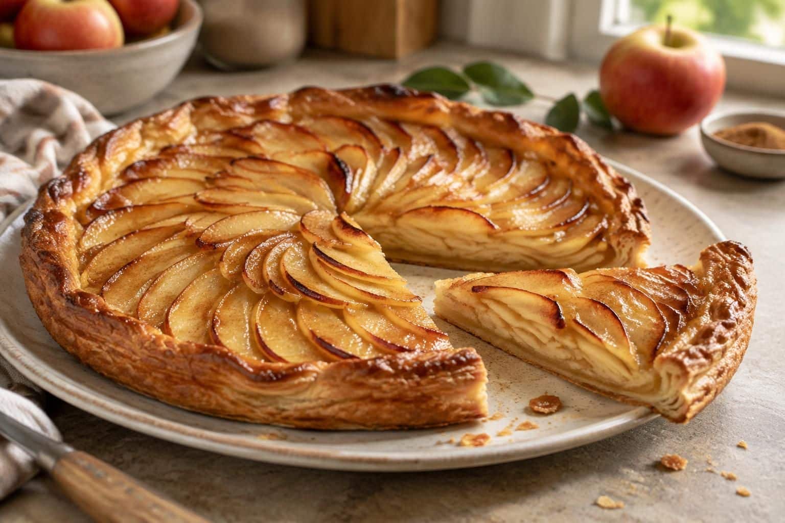découvrez une tarte fine aux pommes où la pâte feuilletée croustillante révèle toute la douceur des fruits, pour un dessert simple et gourmand.