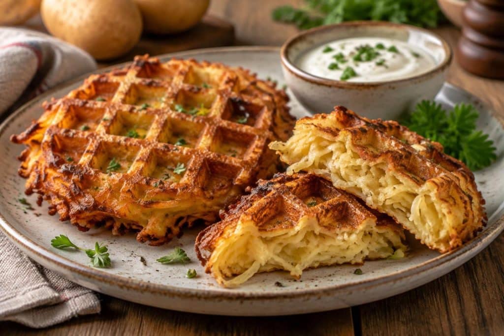 découvrez une recette de gaufres de pommes de terre râpées, dorées et croustillantes à l’extérieur, moelleuses à cœur et faciles à préparer.