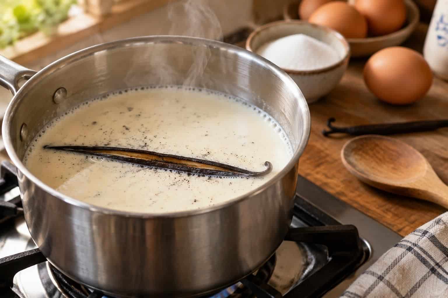 découvrez la recette de crème aux œufs de grand-mère, délicatement parfumée à la vanille fendue infusée dans le lait chaud.