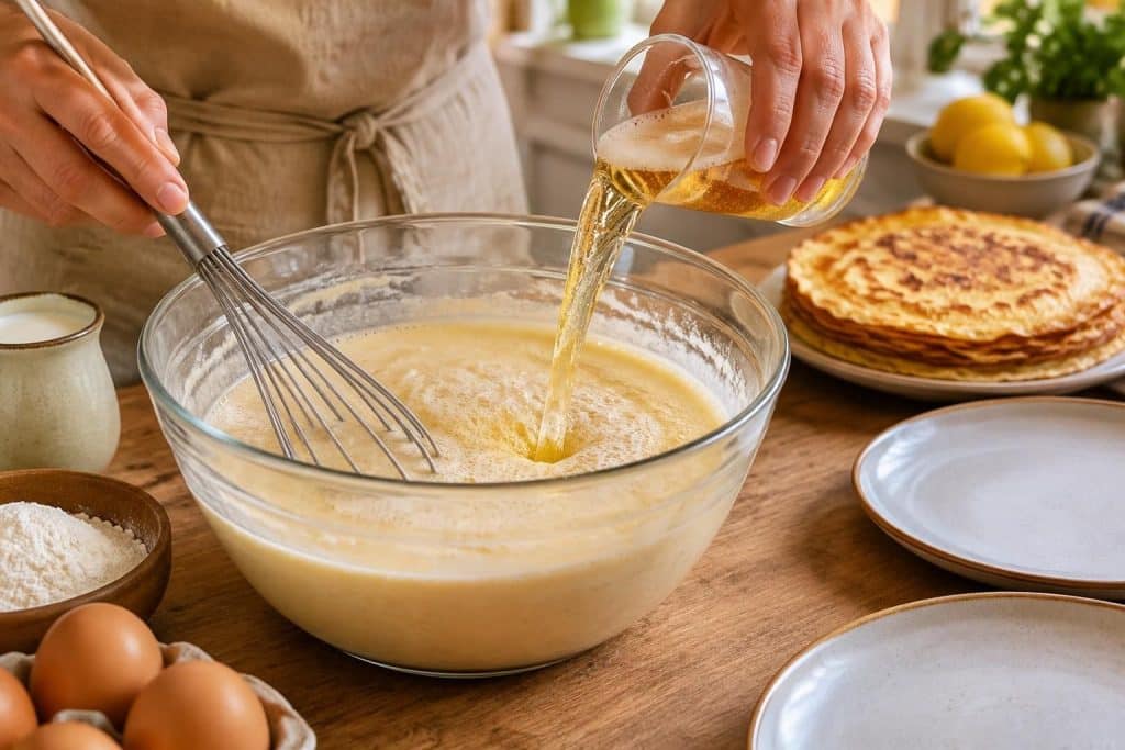 découvrez une recette de crêpes pour 2 personnes, sans repos : la bière aère la pâte et apporte des crêpes légères, prêtes rapidement.
