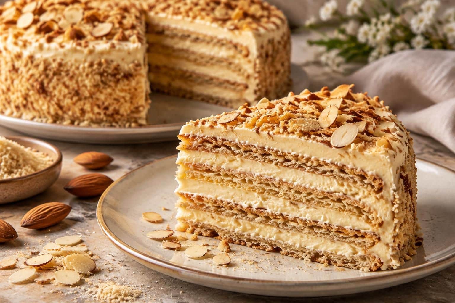 découvrez la recette du gâteau russe : une dacquoise délicatement parfumée à l’amande en poudre torréfiée, pour un dessert gourmand et raffiné.