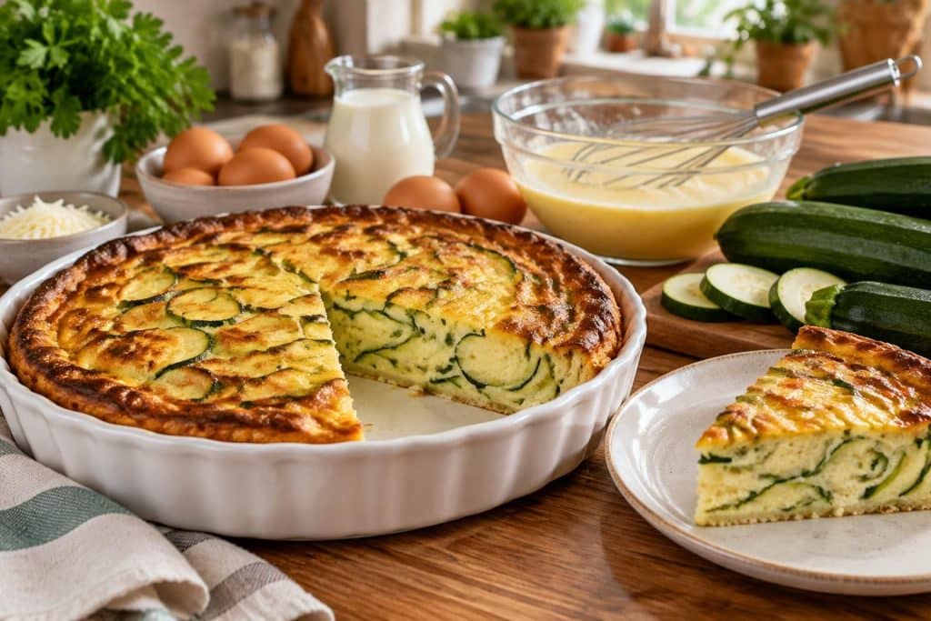 préparez un flan de courgettes facile et savoureux : l’appareil aux œufs et à la crème apporte une texture fondante et lie parfaitement les ingrédients.