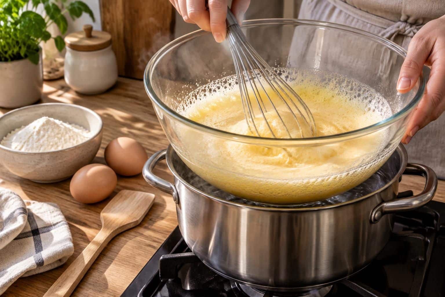 découvrez comment un bain-marie tiède aide les œufs à monter et à réussir une génoise facile, même sans robot.