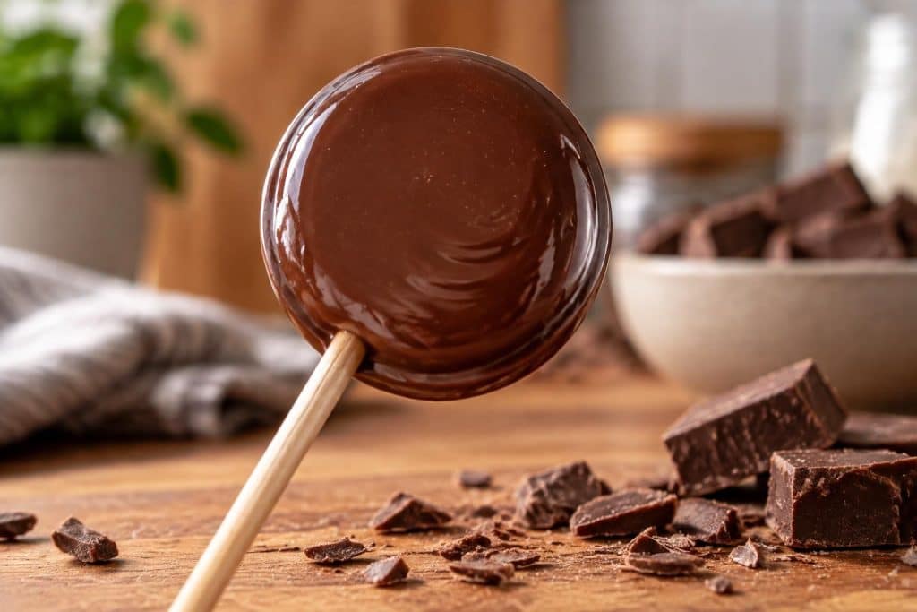 découvrez comment le bâtonnet en bois maintient le chocolat et facilite la préparation de délicieuses sucettes maison.