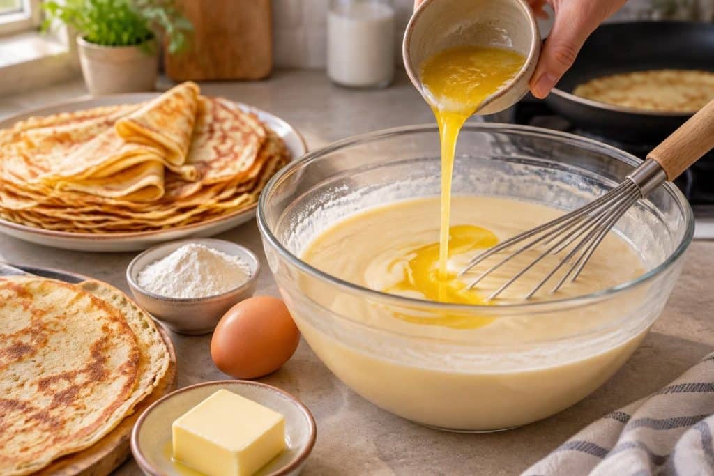 découvrez comment le beurre fondu rend la pâte à crêpes rapide plus souple et facilite la préparation de crêpes légères et savoureuses.