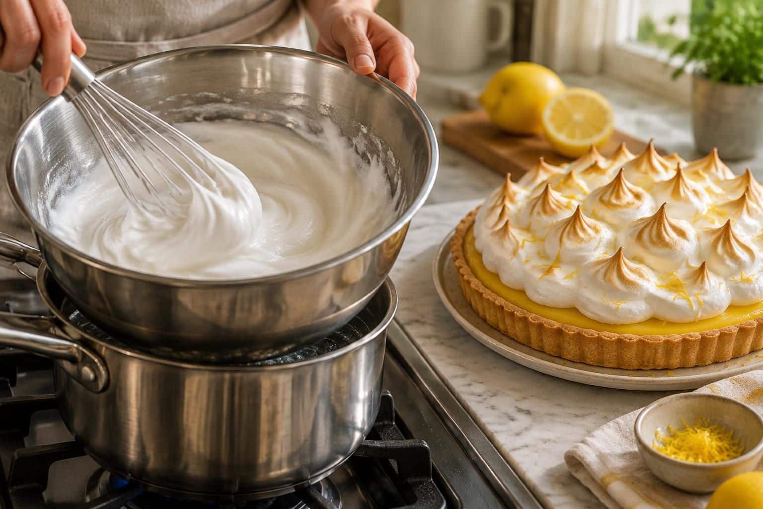 découvrez comment chauffer les blancs d’œufs au bain-marie pour réussir une meringue légère et généreuse, parfaite pour votre tarte au citron.