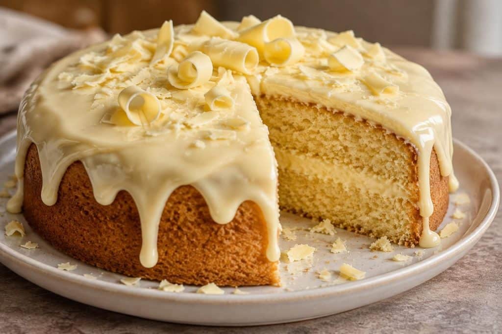 découvrez comment le chocolat blanc fondu apporte une douceur délicate et gourmande à cette recette de gâteau au chocolat blanc.