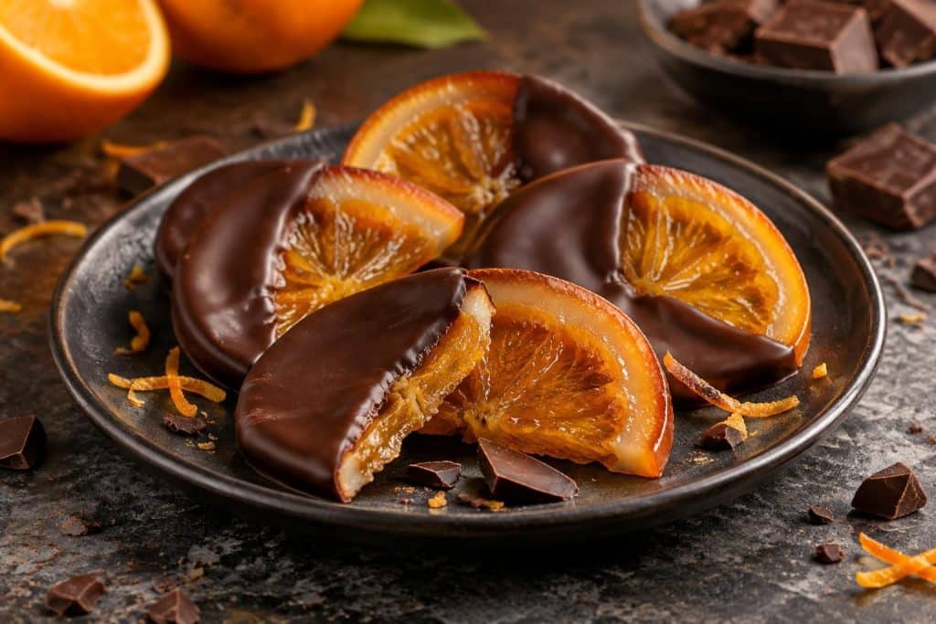 découvrez la recette des oranges confites enrobées de chocolat noir tempéré : une gourmandise croquante, brillante et facile à préparer.