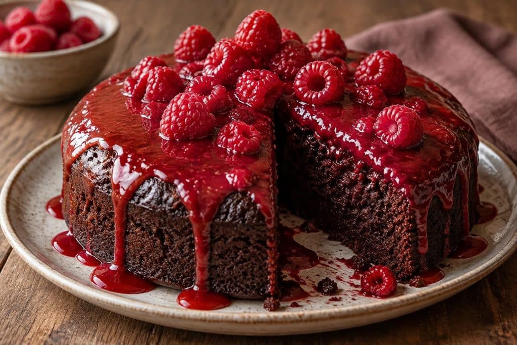 découvrez une recette gourmande de gâteau au chocolat et aux framboises, nappé d’un coulis acidulé qui apporte une touche fruitée et irrésistible.