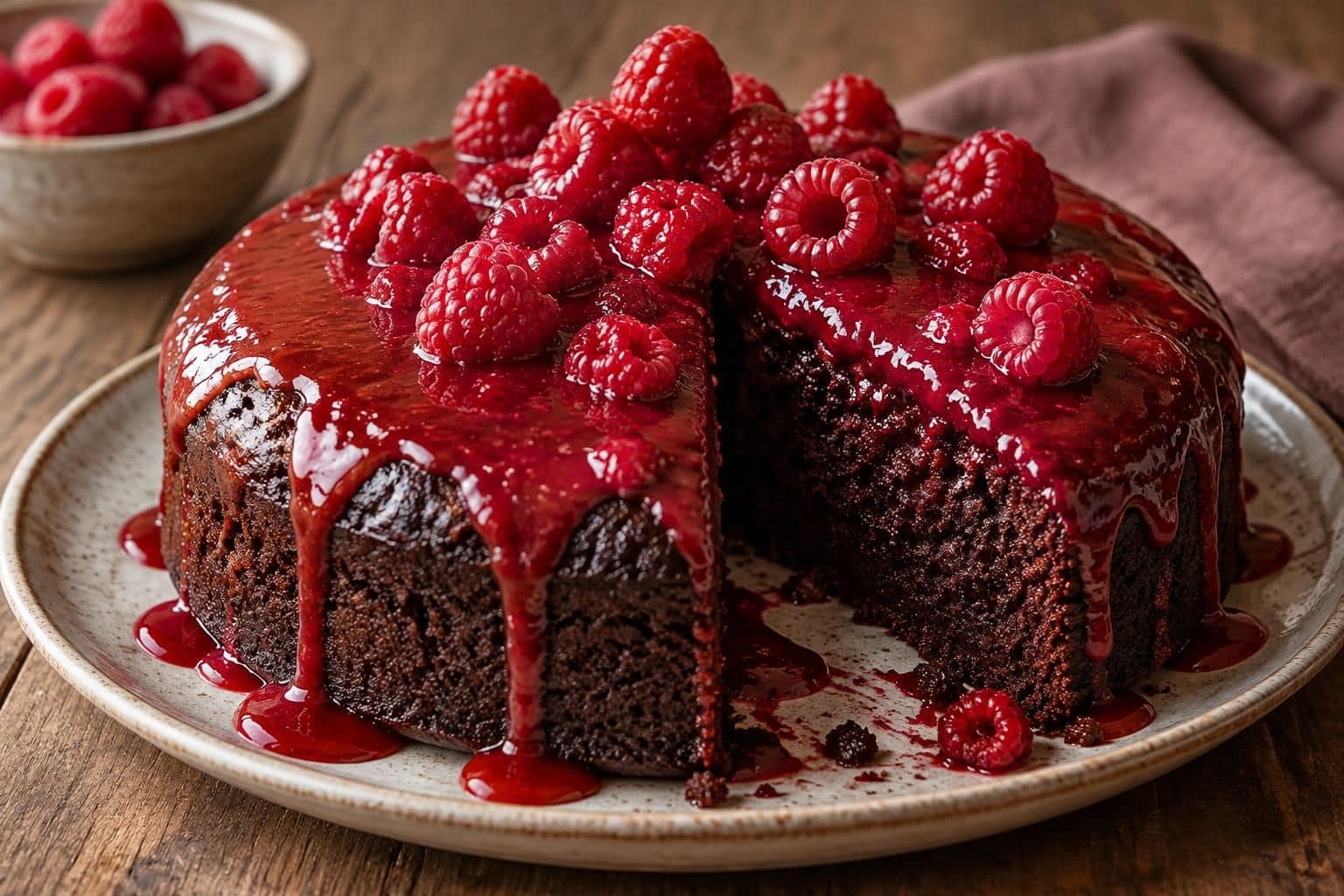 découvrez une recette gourmande de gâteau au chocolat et aux framboises, nappé d’un coulis acidulé qui apporte une touche fruitée et irrésistible.
